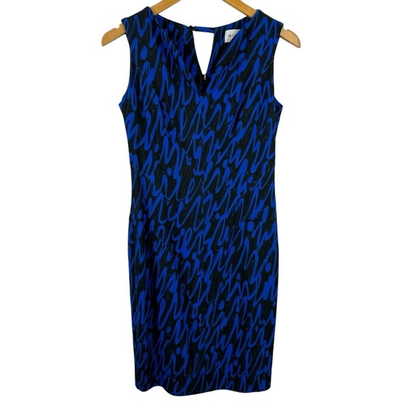 MILLY Graffiti Scribble Print Sheath Dress Black Blue Size 4 Cocktail Dress - Picture 1 of 15